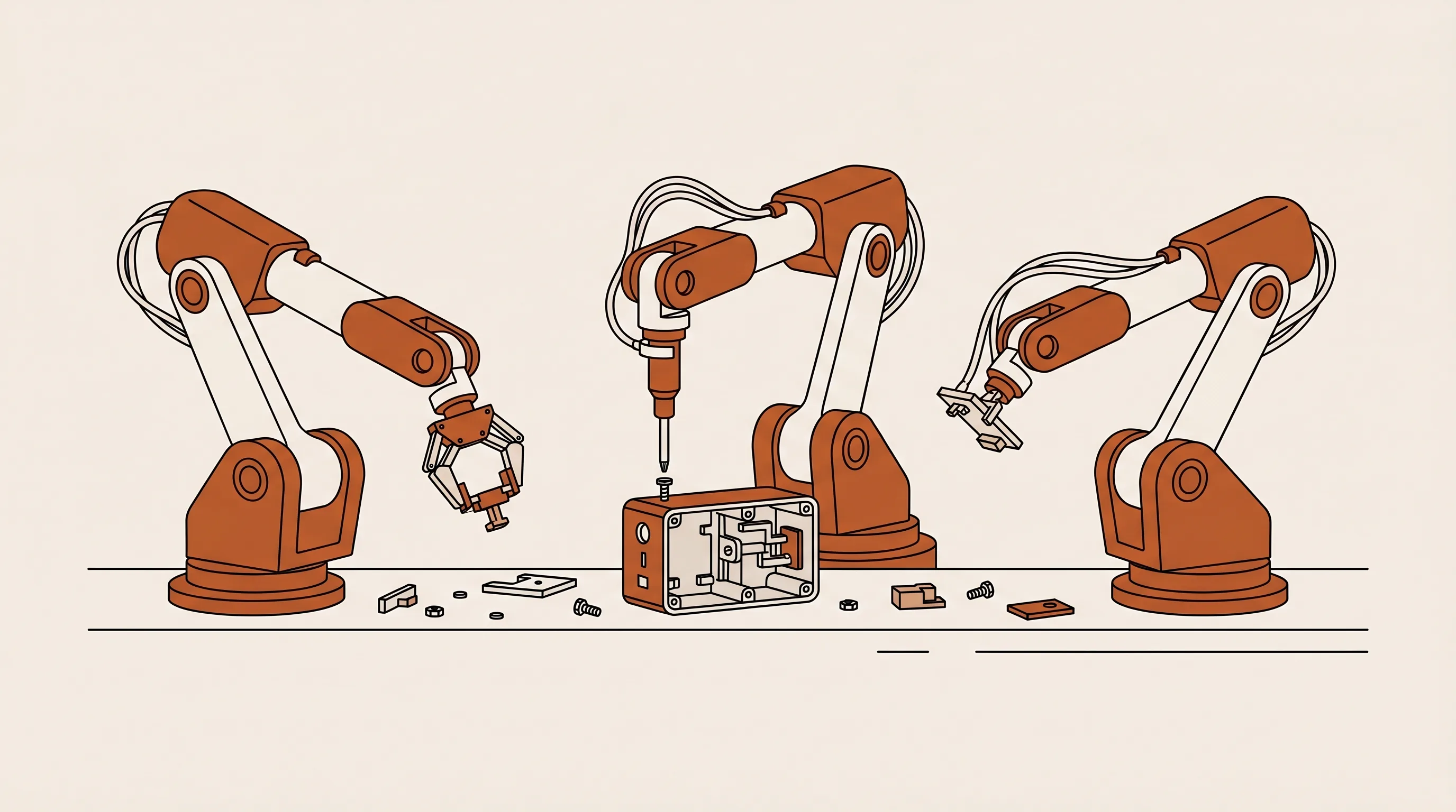 Three robotic arms assembling a mechanical product on a workbench